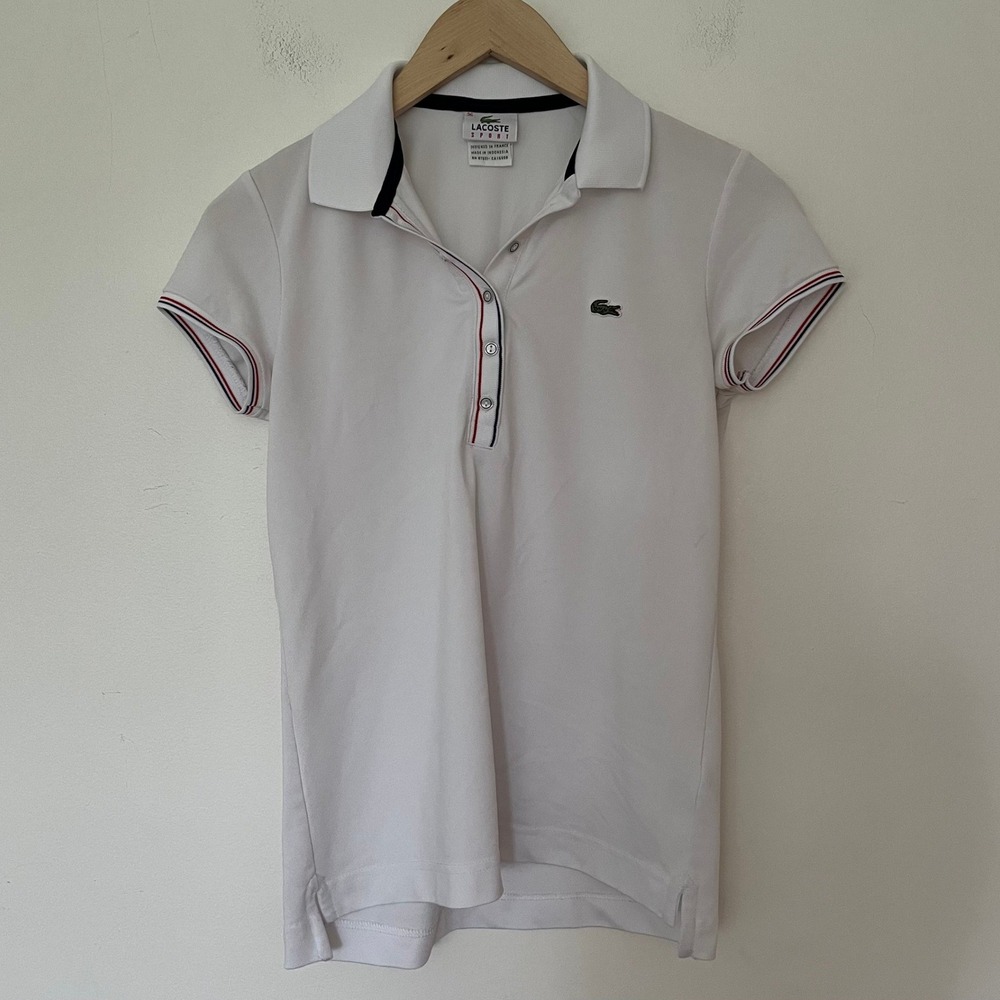 Lacoste Sport Womens White Pique Polo Shirt Snap Placket Striped Trim Size 36